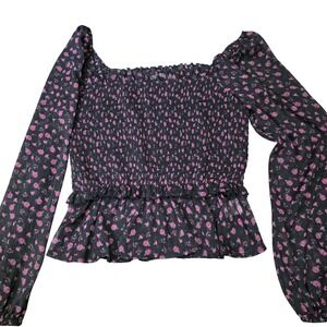 mi ami Black Pink Floral Smocked Square‎ Neck Peplum Long Sleeve Top M